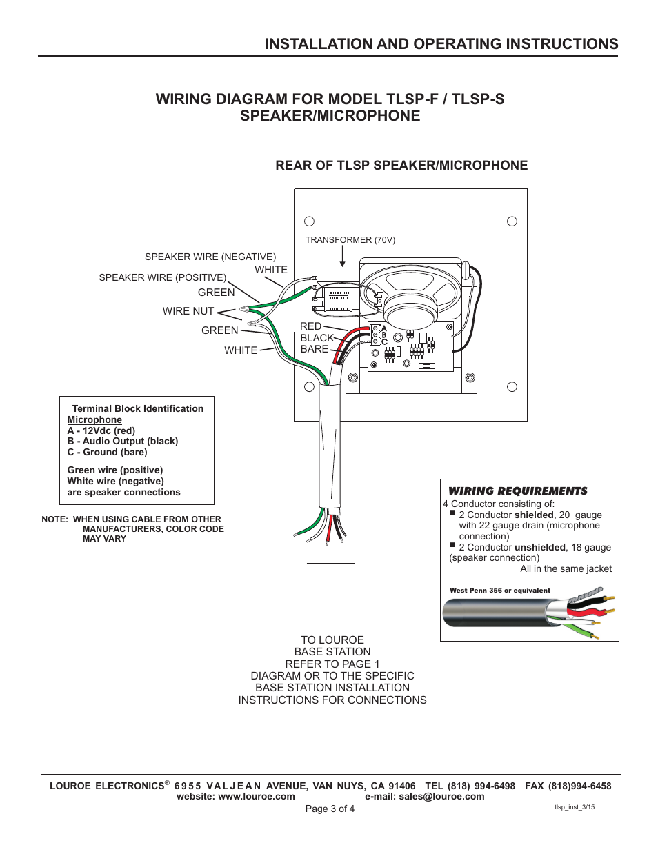 Installation and operating instructions, Rear of tlsp speaker/microphone | Louroe Electronics TLSP-F User Manual | Page 3 / 4