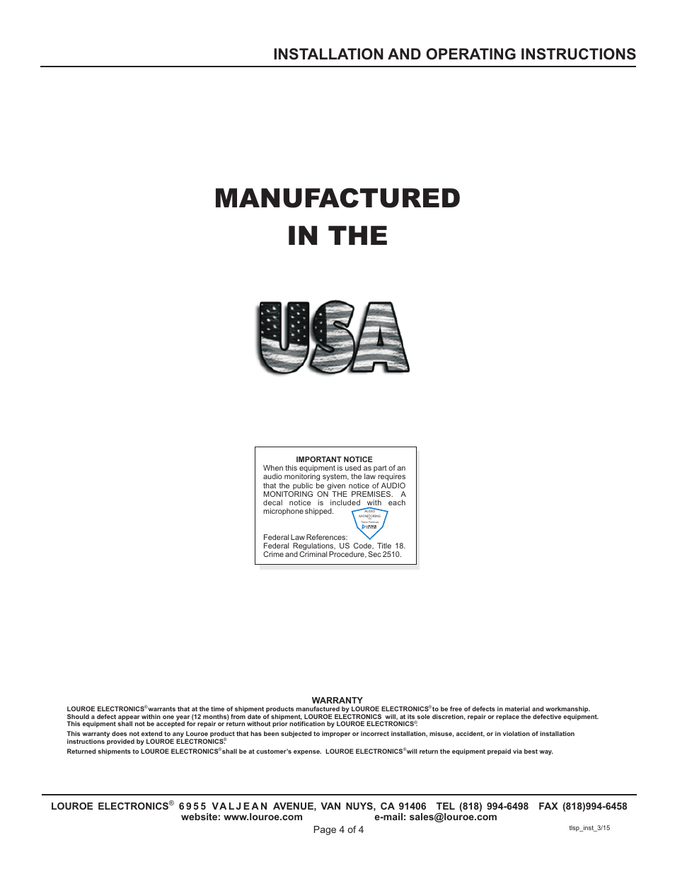 Manufactured in the, Installation and operating instructions | Louroe Electronics TLSP-F User Manual | Page 4 / 4