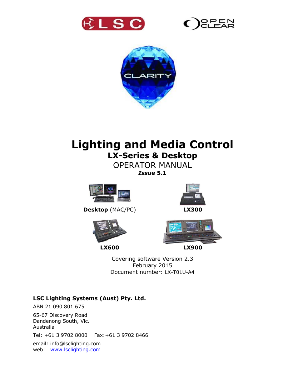 LSC Lighting CLARITY LX Series v.1 User Manual | 276 pages