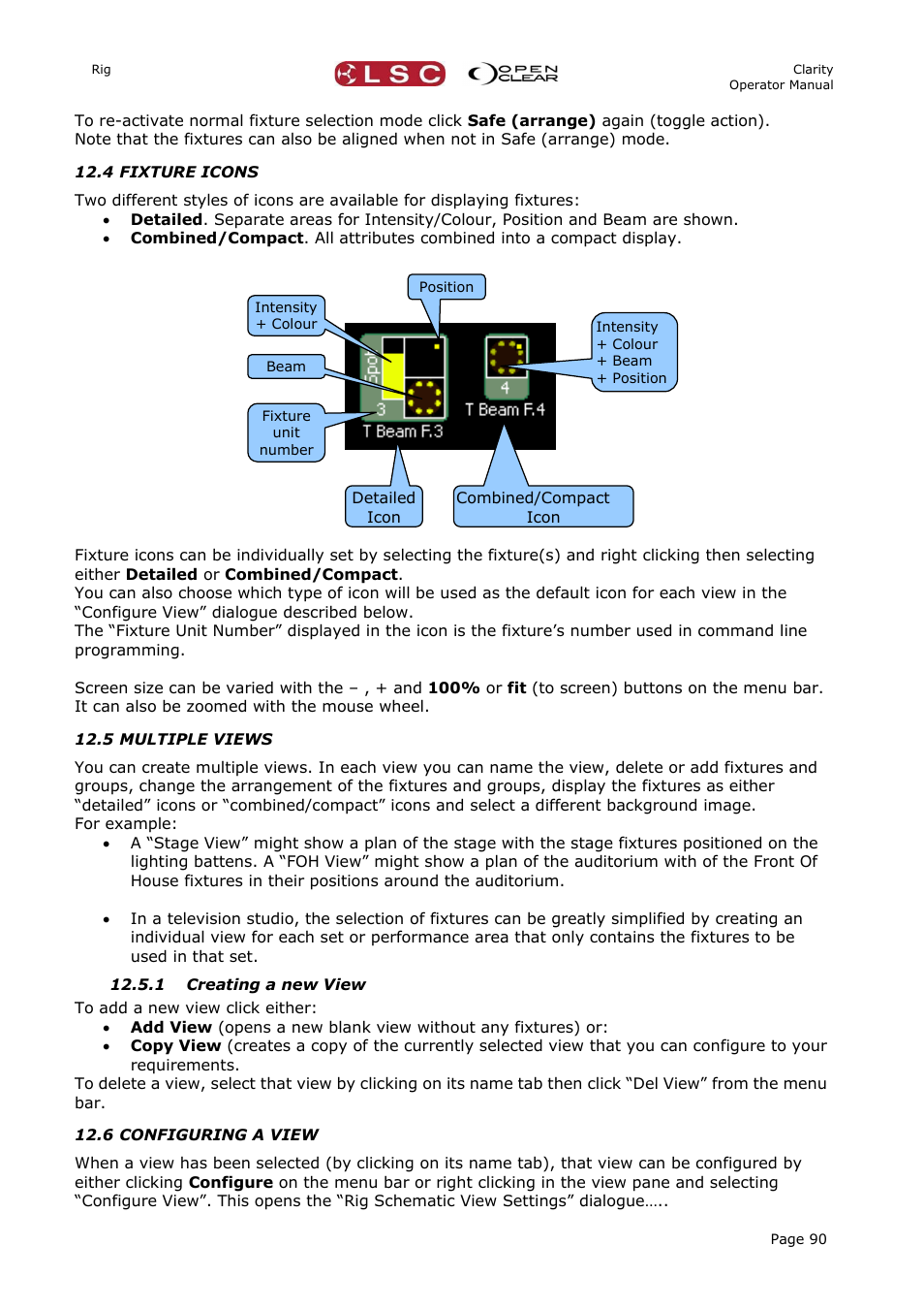 4 fixture icons, 5 multiple views, 1 creating a new view | 6 configuring a view, N 12.4 | LSC Lighting CLARITY LX Series v.1 User Manual | Page 100 / 276
