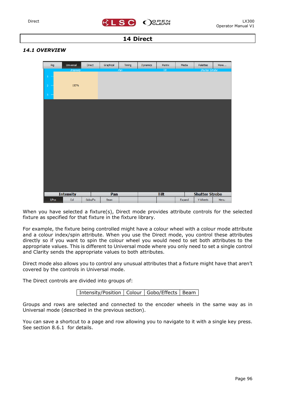 14 direct, 1 overview | LSC Lighting CLARITY LX Series v.1 User Manual | Page 106 / 276