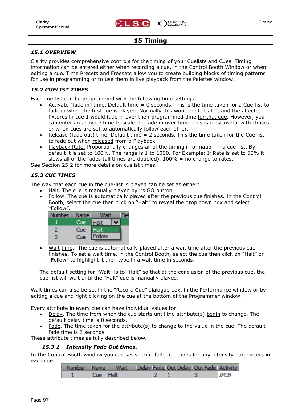 15 timing, 1 overview, 2 cuelist times | 3 cue times, 1 intensity fade out times | LSC Lighting CLARITY LX Series v.1 User Manual | Page 107 / 276