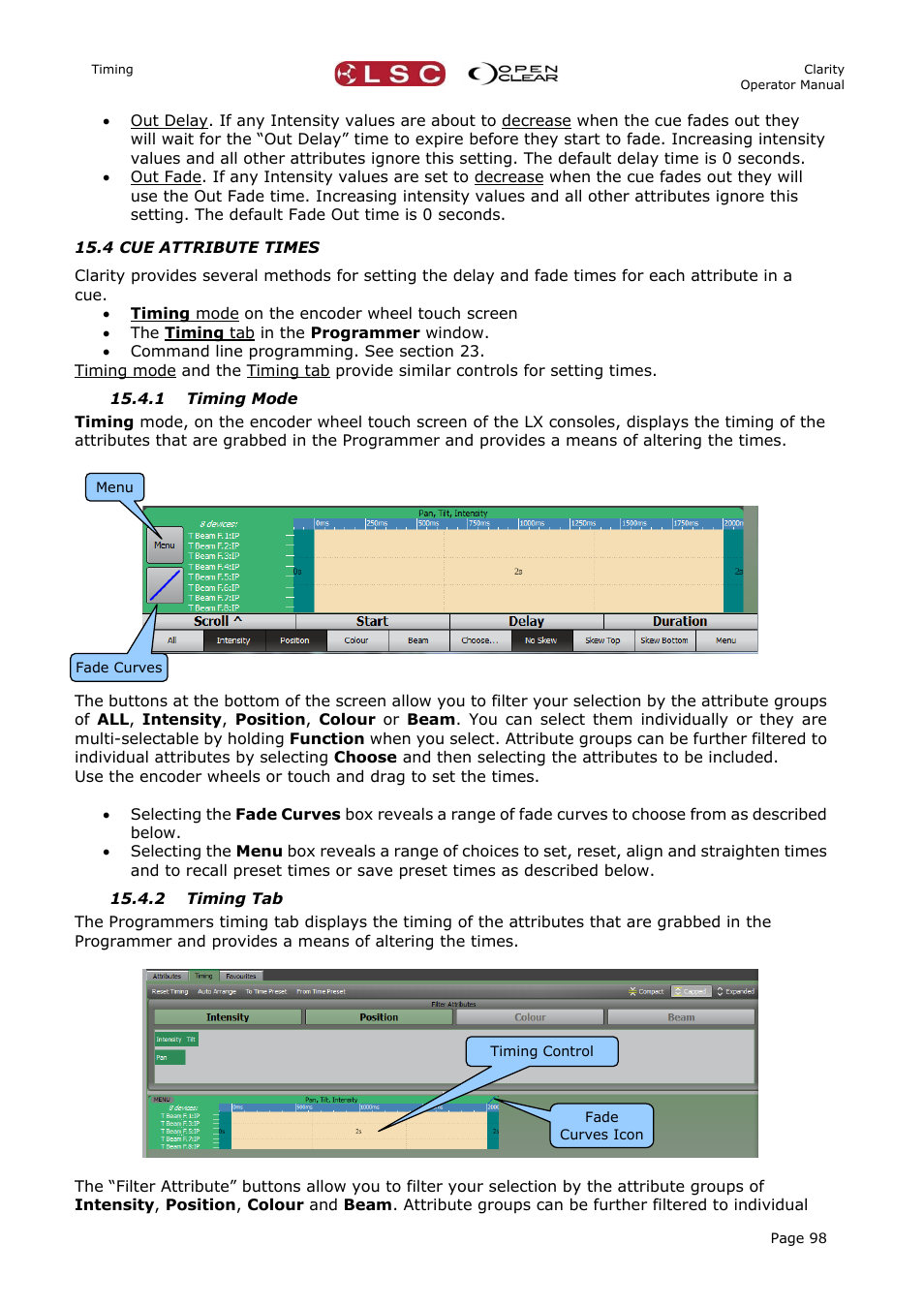 4 cue attribute times, 1 timing mode, 2 timing tab | LSC Lighting CLARITY LX Series v.1 User Manual | Page 108 / 276