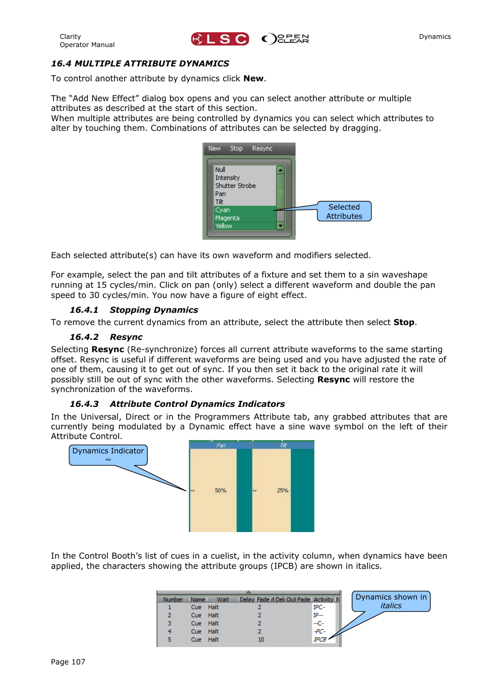 4 multiple attribute dynamics, 1 stopping dynamics, 2 resync | 3 attribute control dynamics indicators | LSC Lighting CLARITY LX Series v.1 User Manual | Page 117 / 276