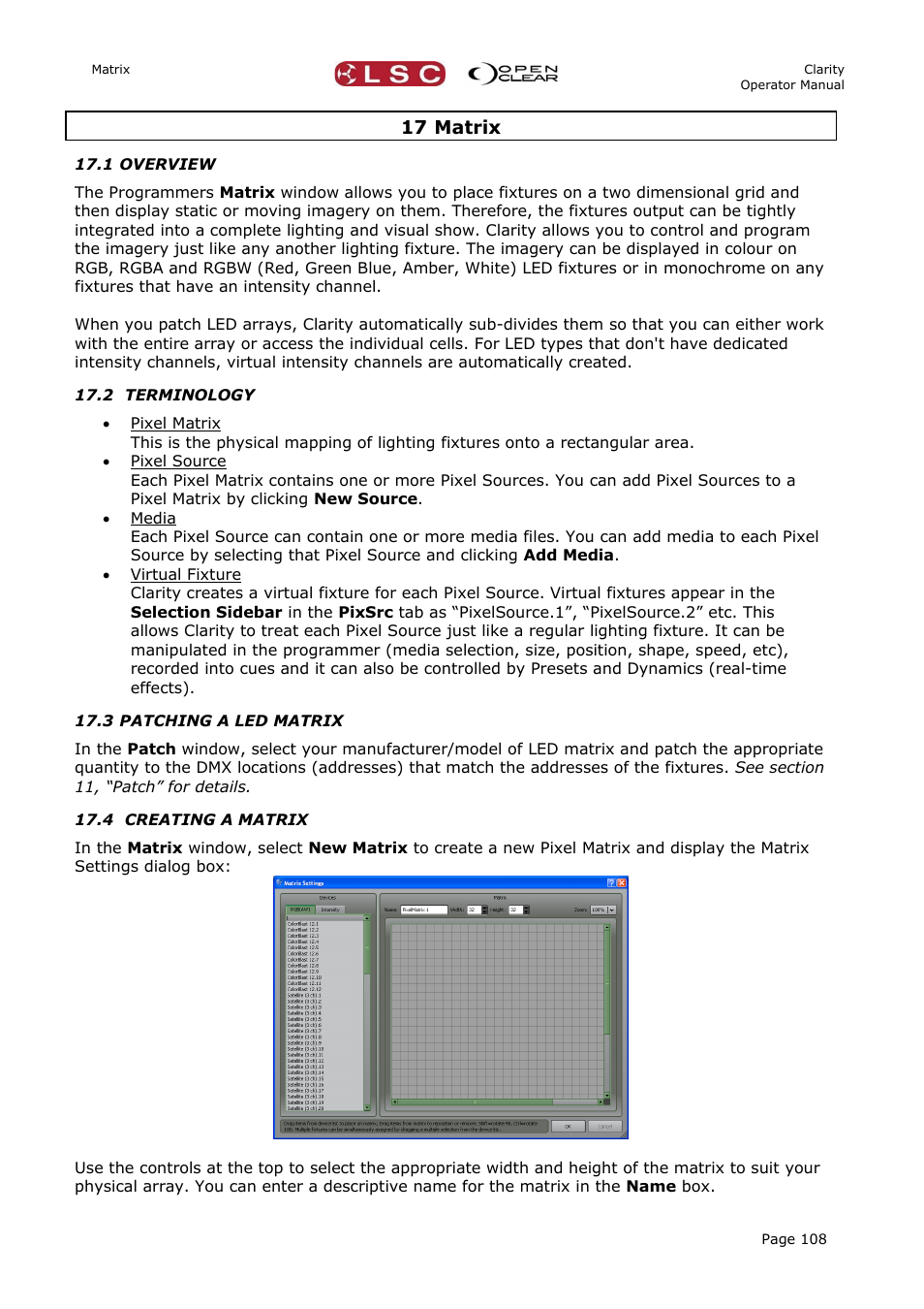 17 matrix, 1 overview, 2 terminology | 3 patching a led matrix, 4 creating a matrix | LSC Lighting CLARITY LX Series v.1 User Manual | Page 118 / 276