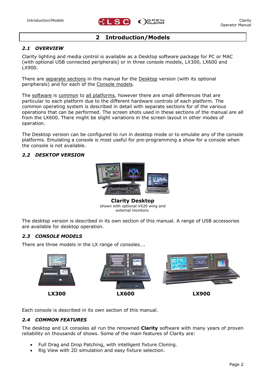 2 introduction/models, 1 overview, 2 desktop version | 3 console models, 4 common features | LSC Lighting CLARITY LX Series v.1 User Manual | Page 12 / 276