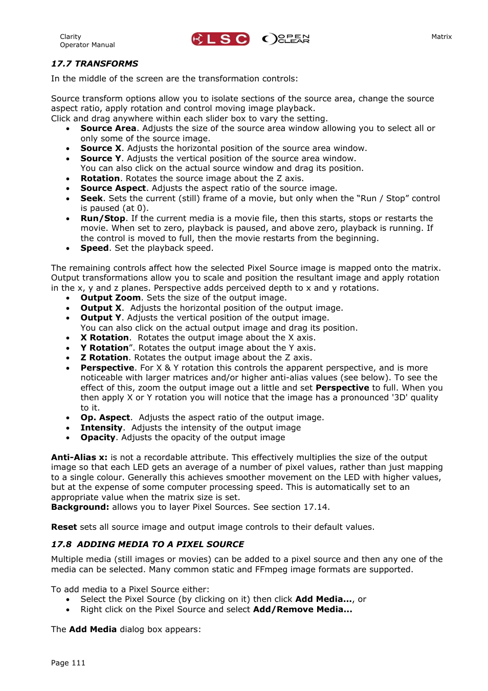 7 transforms, 8 adding media to a pixel source | LSC Lighting CLARITY LX Series v.1 User Manual | Page 121 / 276