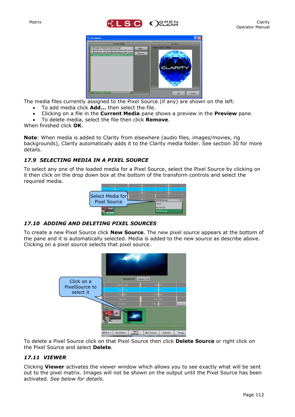 9 selecting media in a pixel source, 10 adding and deleting pixel sources, 11 viewer | LSC Lighting CLARITY LX Series v.1 User Manual | Page 122 / 276