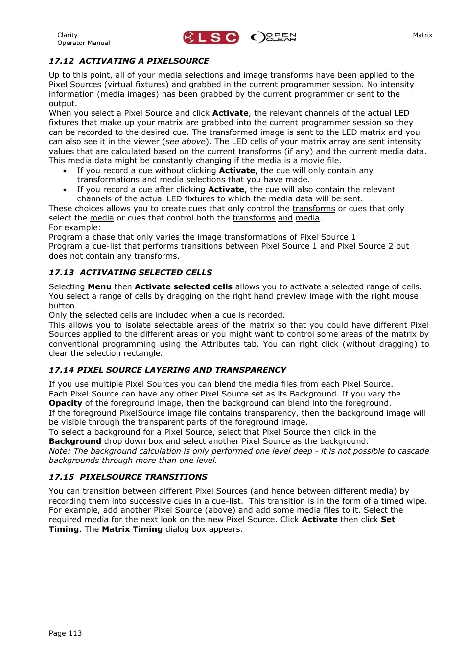 12 activating a pixelsource, 13 activating selected cells, 14 pixel source layering and transparency | 15 pixelsource transitions | LSC Lighting CLARITY LX Series v.1 User Manual | Page 123 / 276