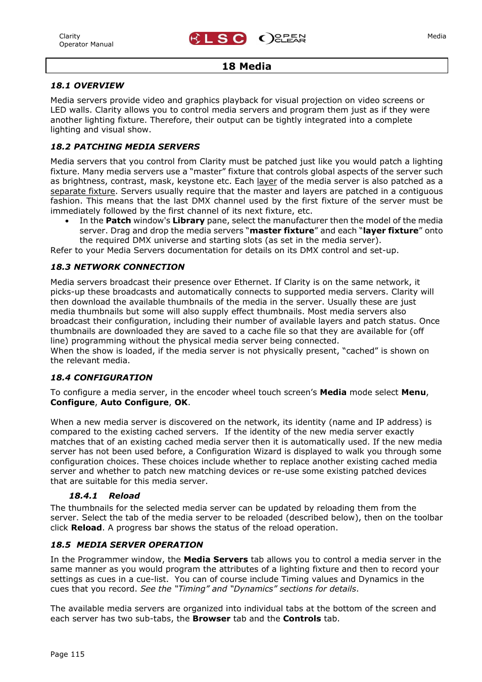 18 media, 1 overview, 2 patching media servers | 3 network connection, 4 configuration, 1 reload, 5 media server operation, N 18.3, On 18 | LSC Lighting CLARITY LX Series v.1 User Manual | Page 125 / 276