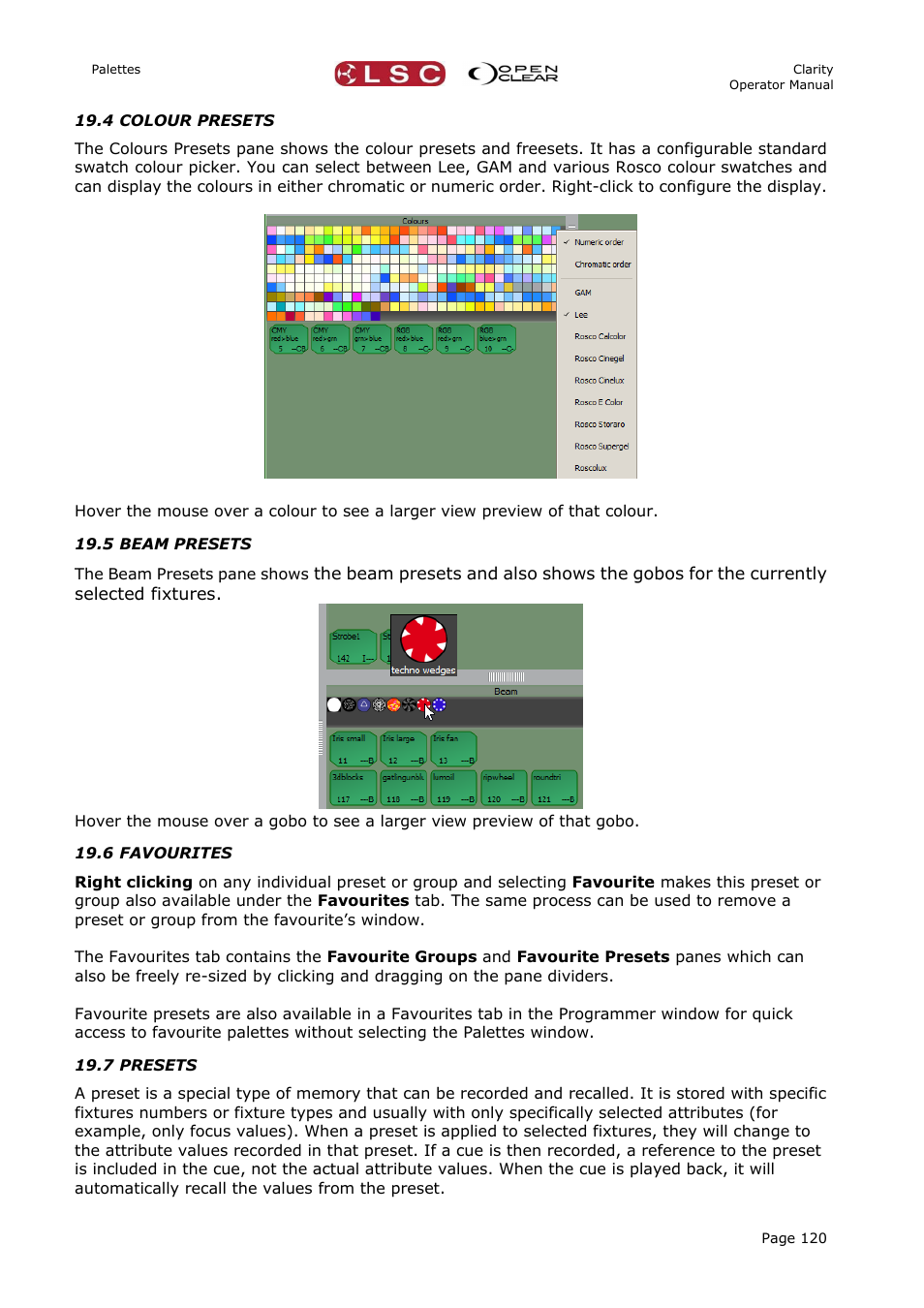 4 colour presets, 5 beam presets, 6 favourites | 7 presets | LSC Lighting CLARITY LX Series v.1 User Manual | Page 130 / 276