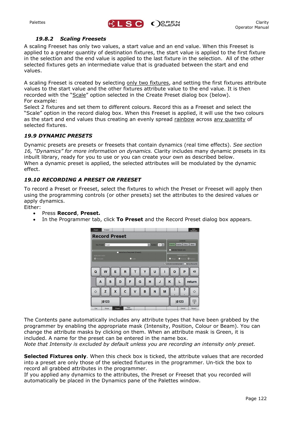 2 scaling freesets, 9 dynamic presets, 10 recording a preset or freeset | LSC Lighting CLARITY LX Series v.1 User Manual | Page 132 / 276