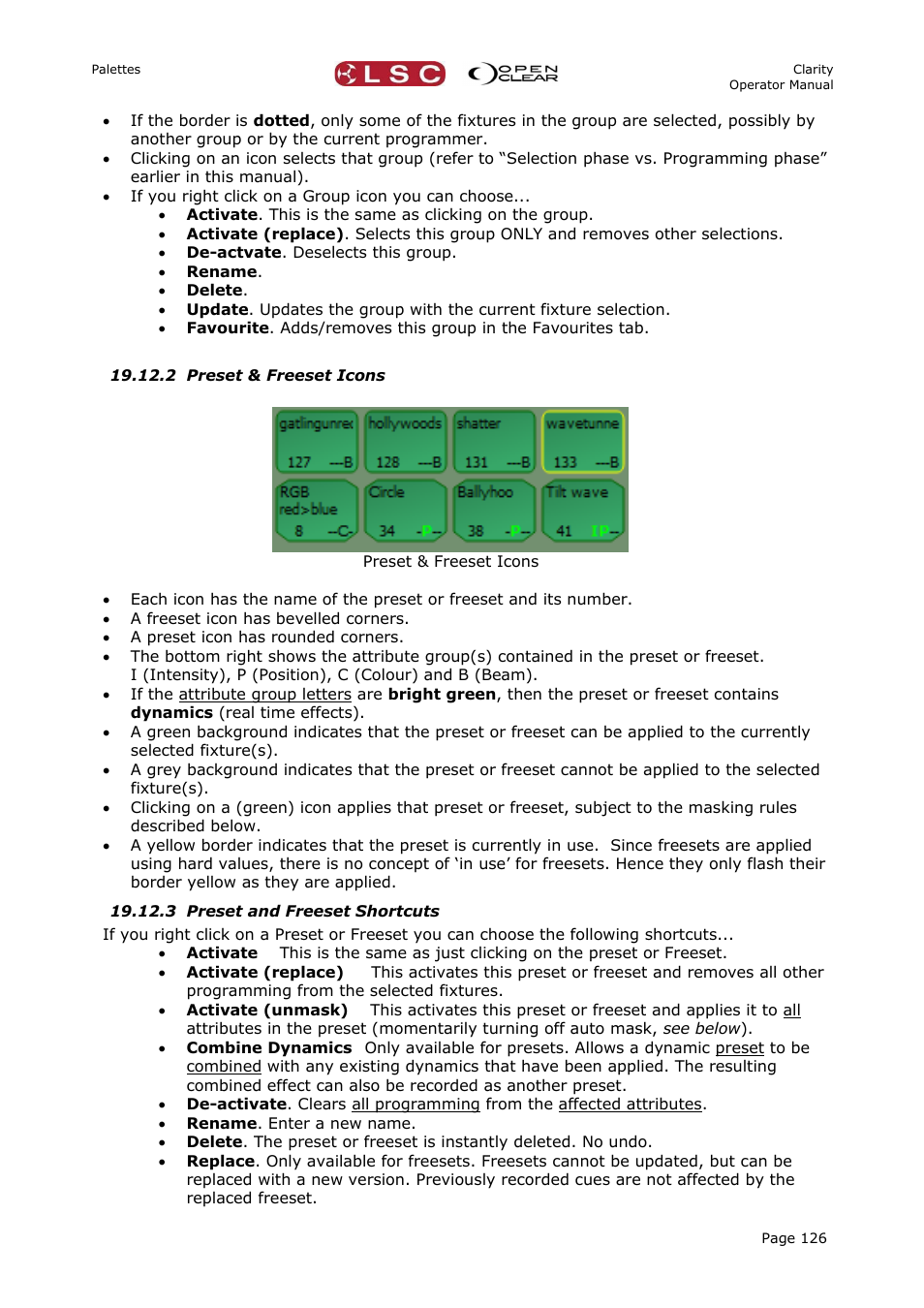 2 preset & freeset icons, 3 preset and freeset shortcuts | LSC Lighting CLARITY LX Series v.1 User Manual | Page 136 / 276