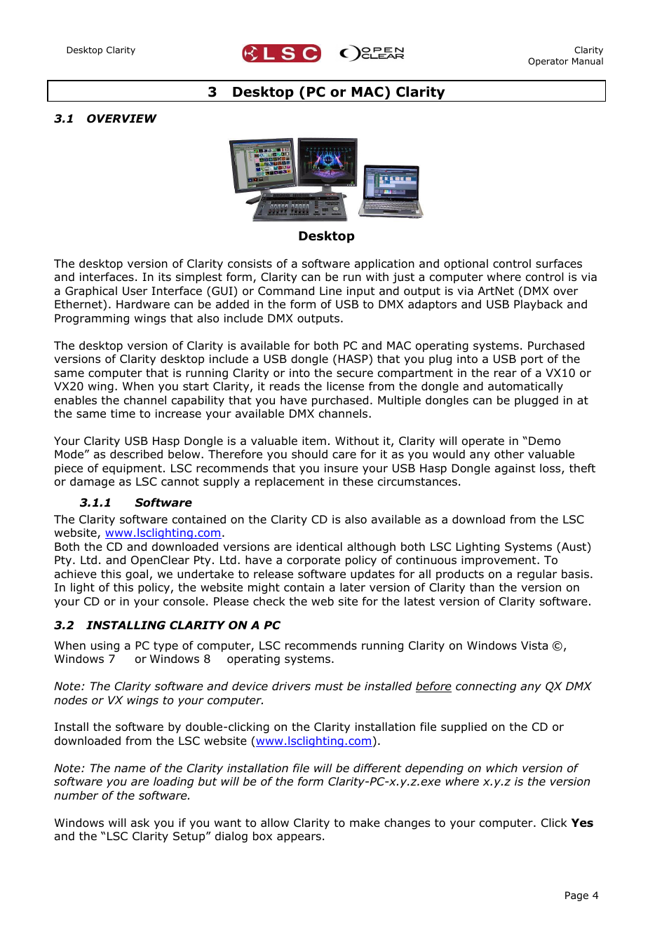 3 desktop (pc or mac) clarity, 1 overview, 1 software | 2 installing clarity on a pc | LSC Lighting CLARITY LX Series v.1 User Manual | Page 14 / 276