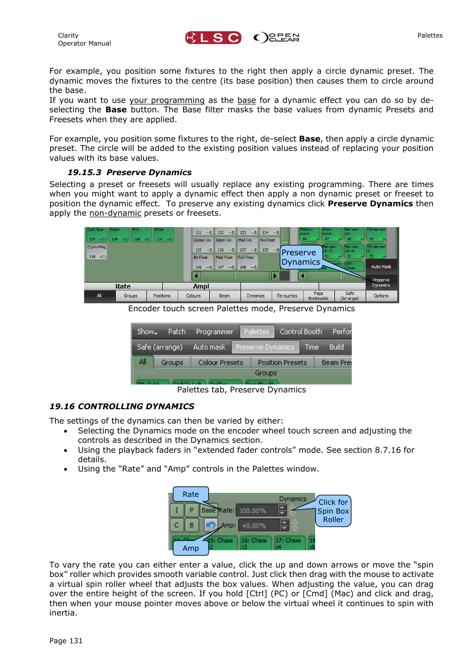 3 preserve dynamics, 16 controlling dynamics | LSC Lighting CLARITY LX Series v.1 User Manual | Page 141 / 276