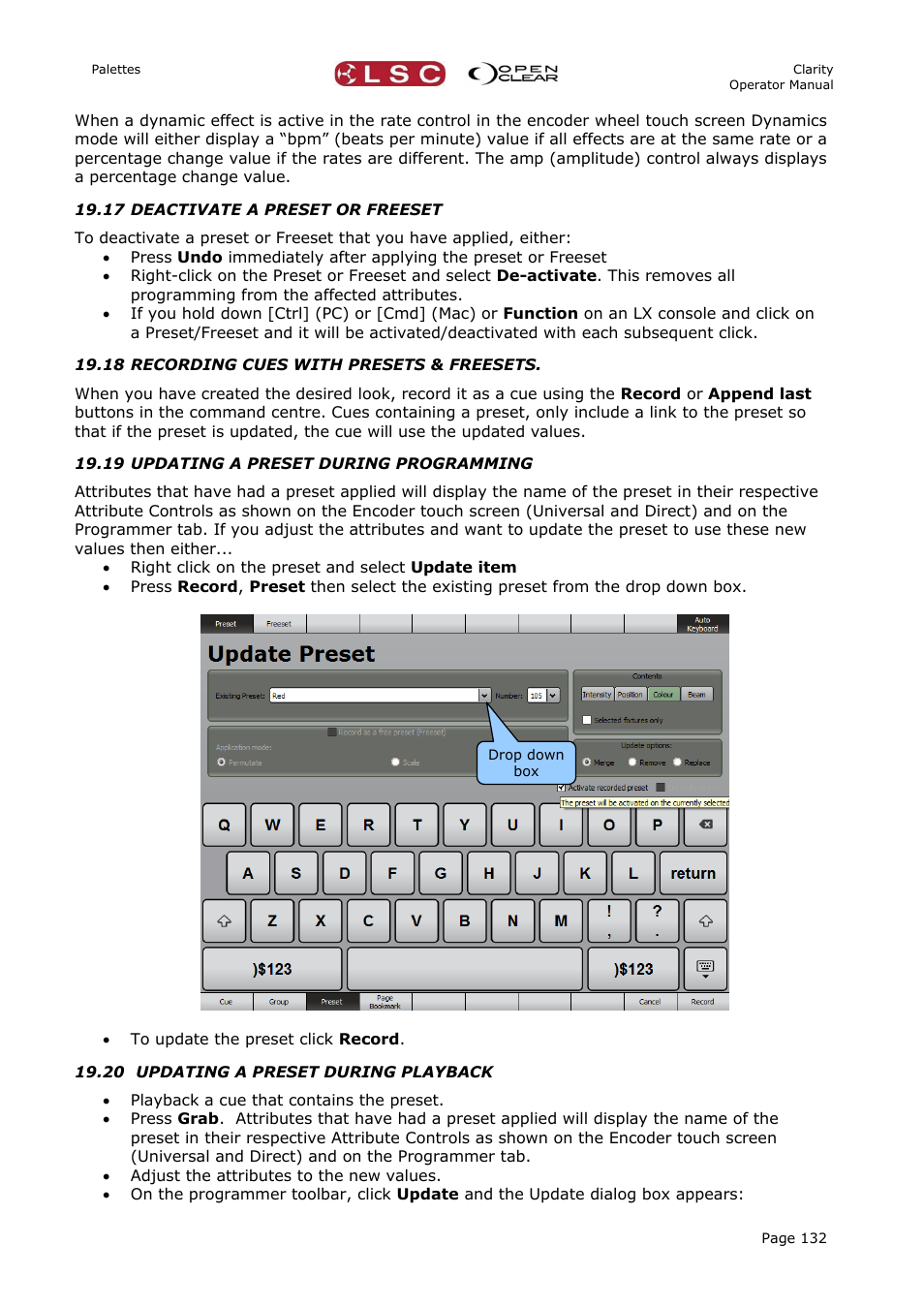 17 deactivate a preset or freeset, 18 recording cues with presets & freesets, 19 updating a preset during programming | 20 updating a preset during playback | LSC Lighting CLARITY LX Series v.1 User Manual | Page 142 / 276