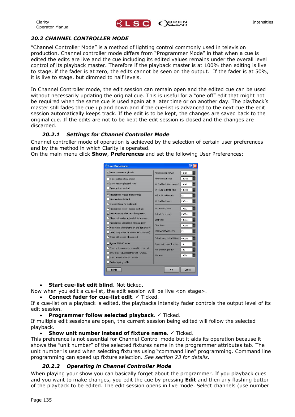 2 channel controller mode, 1 settings for channel controller mode, 2 operating in channel controller mode | LSC Lighting CLARITY LX Series v.1 User Manual | Page 145 / 276