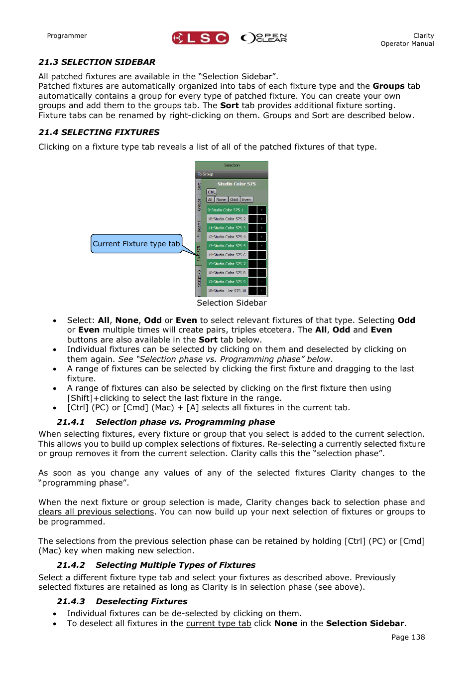 3 selection sidebar, 4 selecting fixtures, 1 selection phase vs. programming phase | 2 selecting multiple types of fixtures, 3 deselecting fixtures | LSC Lighting CLARITY LX Series v.1 User Manual | Page 148 / 276