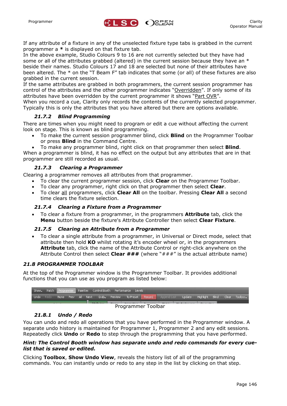 2 blind programming, 3 clearing a programmer, 4 clearing a fixture from a programmer | 5 clearing an attribute from a programmer, 8 programmer toolbar, 1 undo / redo | LSC Lighting CLARITY LX Series v.1 User Manual | Page 156 / 276