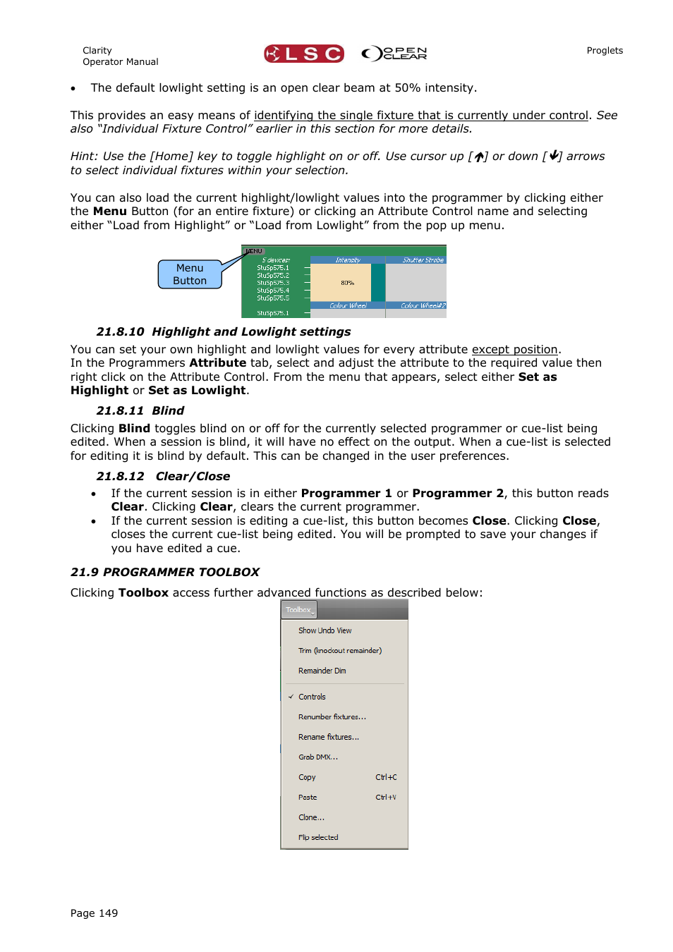 10 highlight and lowlight settings, 11 blind, 12 clear/close | 9 programmer toolbox | LSC Lighting CLARITY LX Series v.1 User Manual | Page 159 / 276