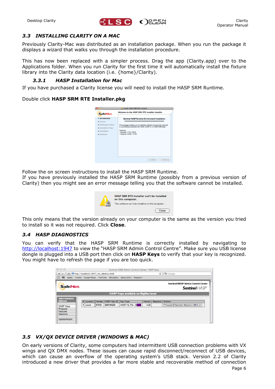 3 installing clarity on a mac, 1 hasp installation for mac, 4 hasp diagnostics | 5 vx/qx device driver (windows & mac) | LSC Lighting CLARITY LX Series v.1 User Manual | Page 16 / 276