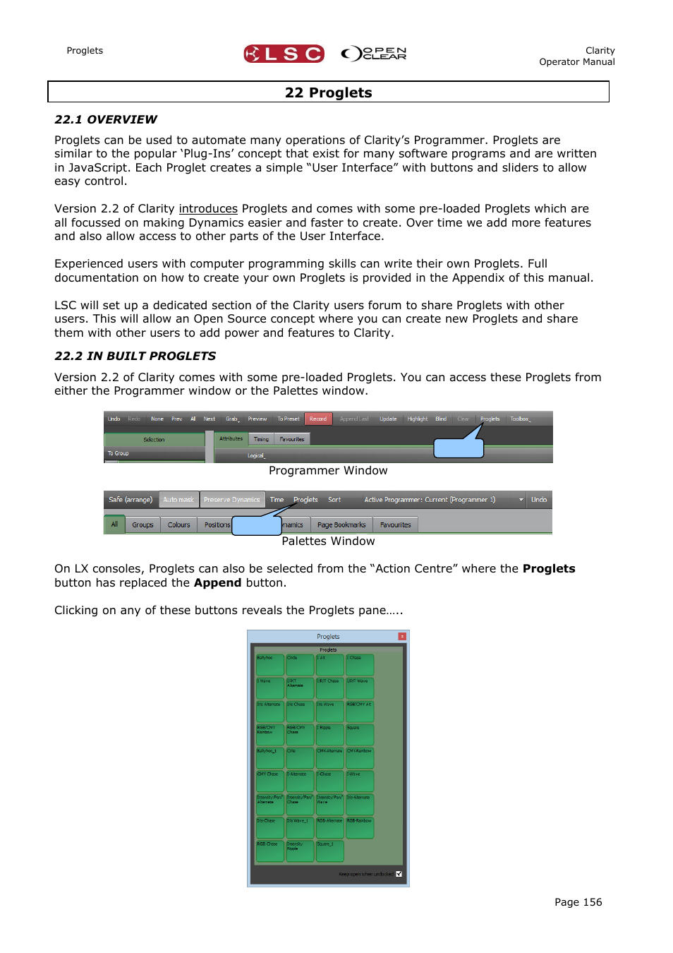 22 proglets, 1 overview, 2 in built proglets | LSC Lighting CLARITY LX Series v.1 User Manual | Page 166 / 276