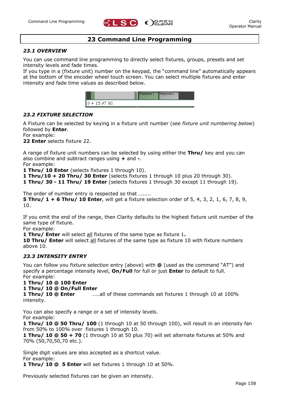 23 command line programming, 1 overview, 2 fixture selection | 3 intensity entry, N 23 | LSC Lighting CLARITY LX Series v.1 User Manual | Page 168 / 276