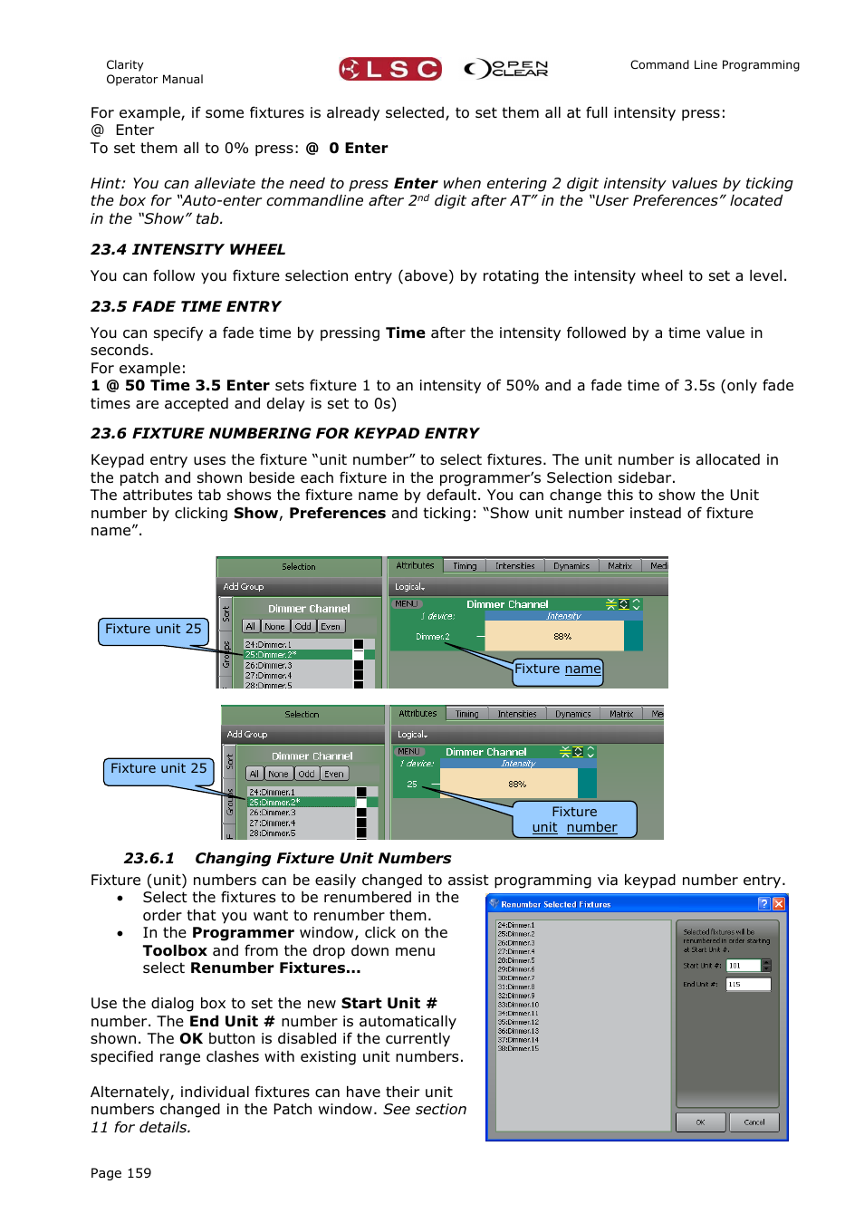 4 intensity wheel, 5 fade time entry, 6 fixture numbering for keypad entry | 1 changing fixture unit numbers | LSC Lighting CLARITY LX Series v.1 User Manual | Page 169 / 276