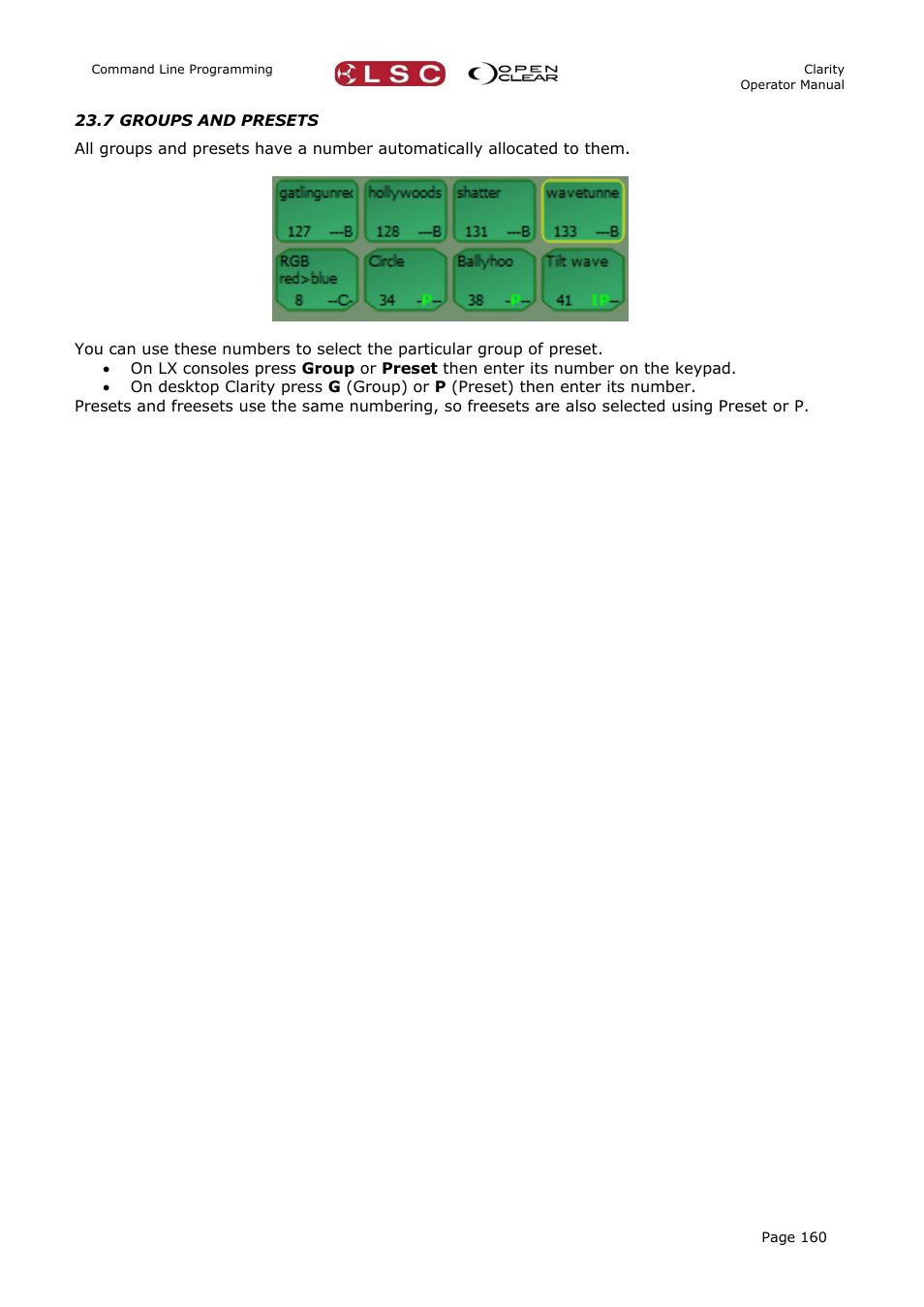 7 groups and presets | LSC Lighting CLARITY LX Series v.1 User Manual | Page 170 / 276