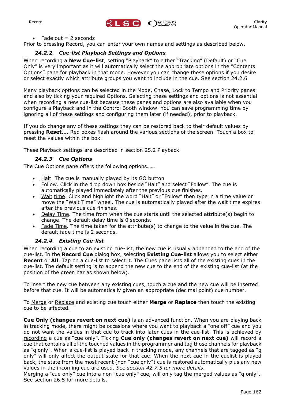 2 cue-list playback settings and options, 3 cue options, 4 existing cue-list | LSC Lighting CLARITY LX Series v.1 User Manual | Page 172 / 276