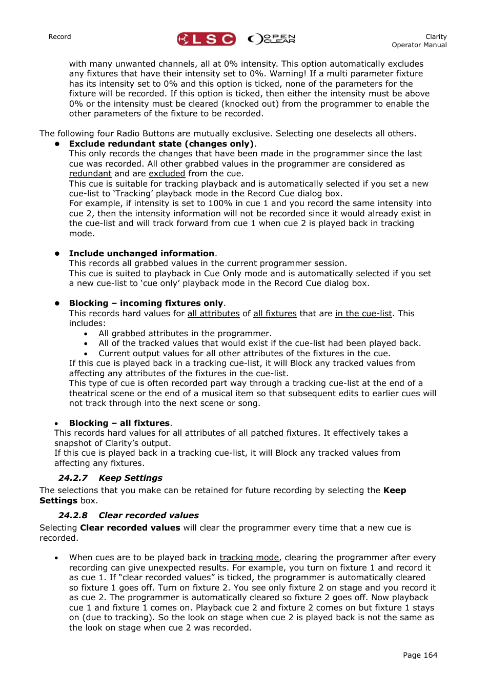 7 keep settings, 8 clear recorded values | LSC Lighting CLARITY LX Series v.1 User Manual | Page 174 / 276