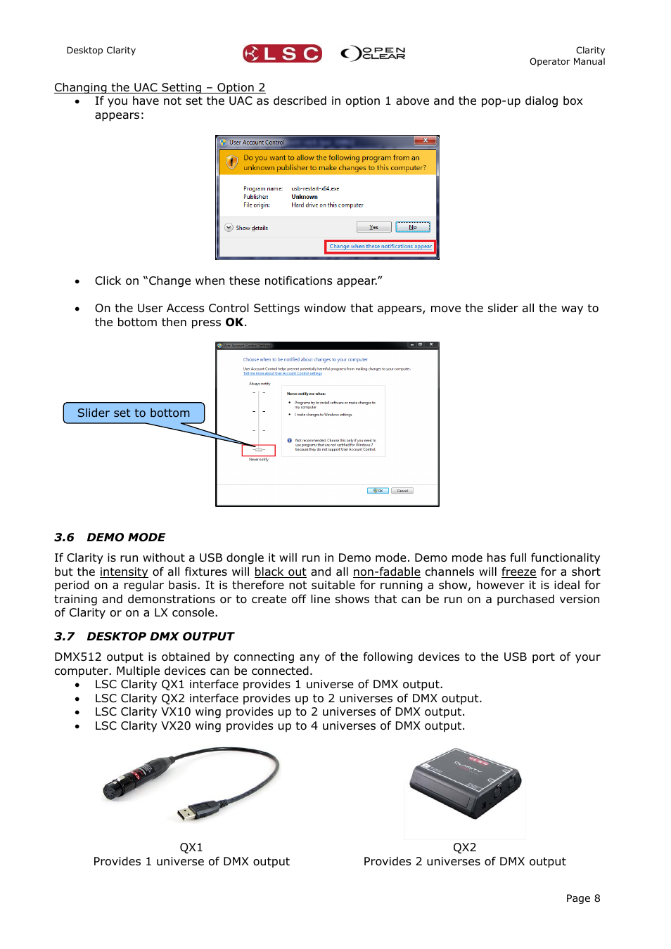 6 demo mode, 7 desktop dmx output | LSC Lighting CLARITY LX Series v.1 User Manual | Page 18 / 276