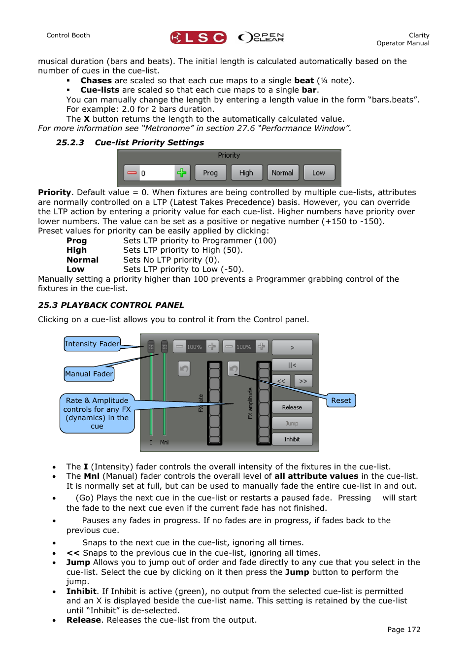 3 cue-list priority settings, 3 playback control panel | LSC Lighting CLARITY LX Series v.1 User Manual | Page 182 / 276