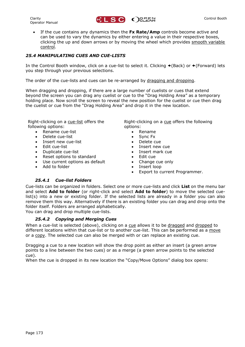 4 manipulating cues and cue-lists, 1 cue-list folders, 2 copying and merging cues | LSC Lighting CLARITY LX Series v.1 User Manual | Page 183 / 276