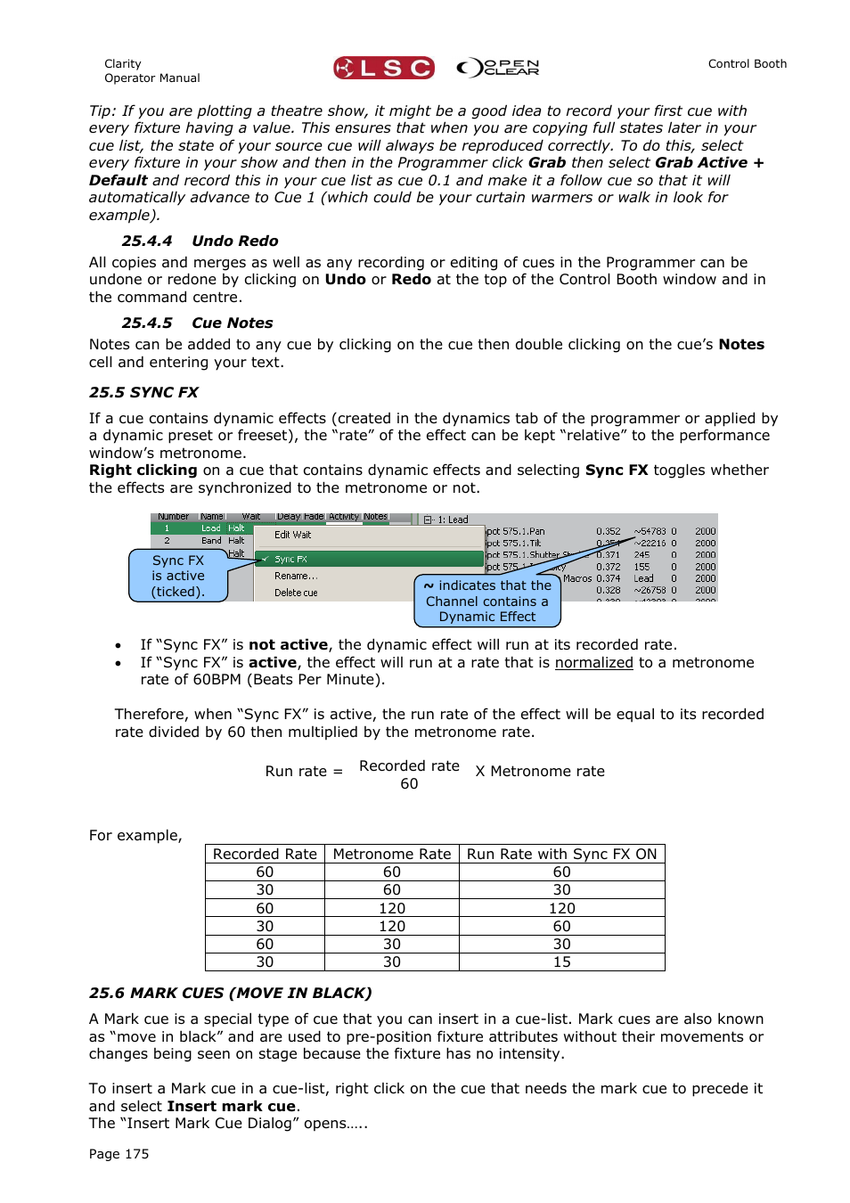 4 undo redo, 5 cue notes, 5 sync fx | 6 mark cues (move in black), On25.6 | LSC Lighting CLARITY LX Series v.1 User Manual | Page 185 / 276