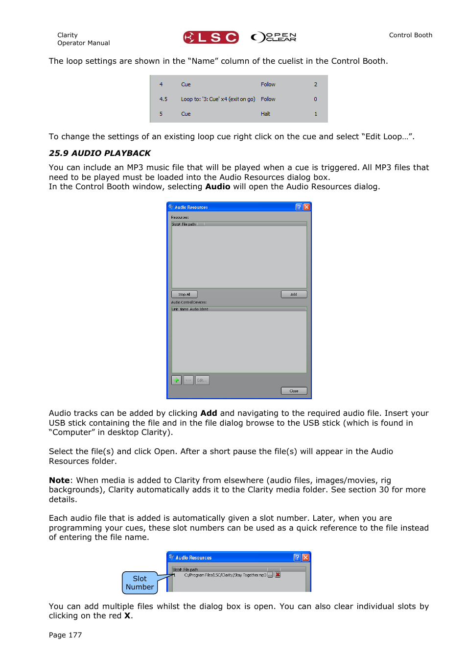 9 audio playback, On 25.9 | LSC Lighting CLARITY LX Series v.1 User Manual | Page 187 / 276