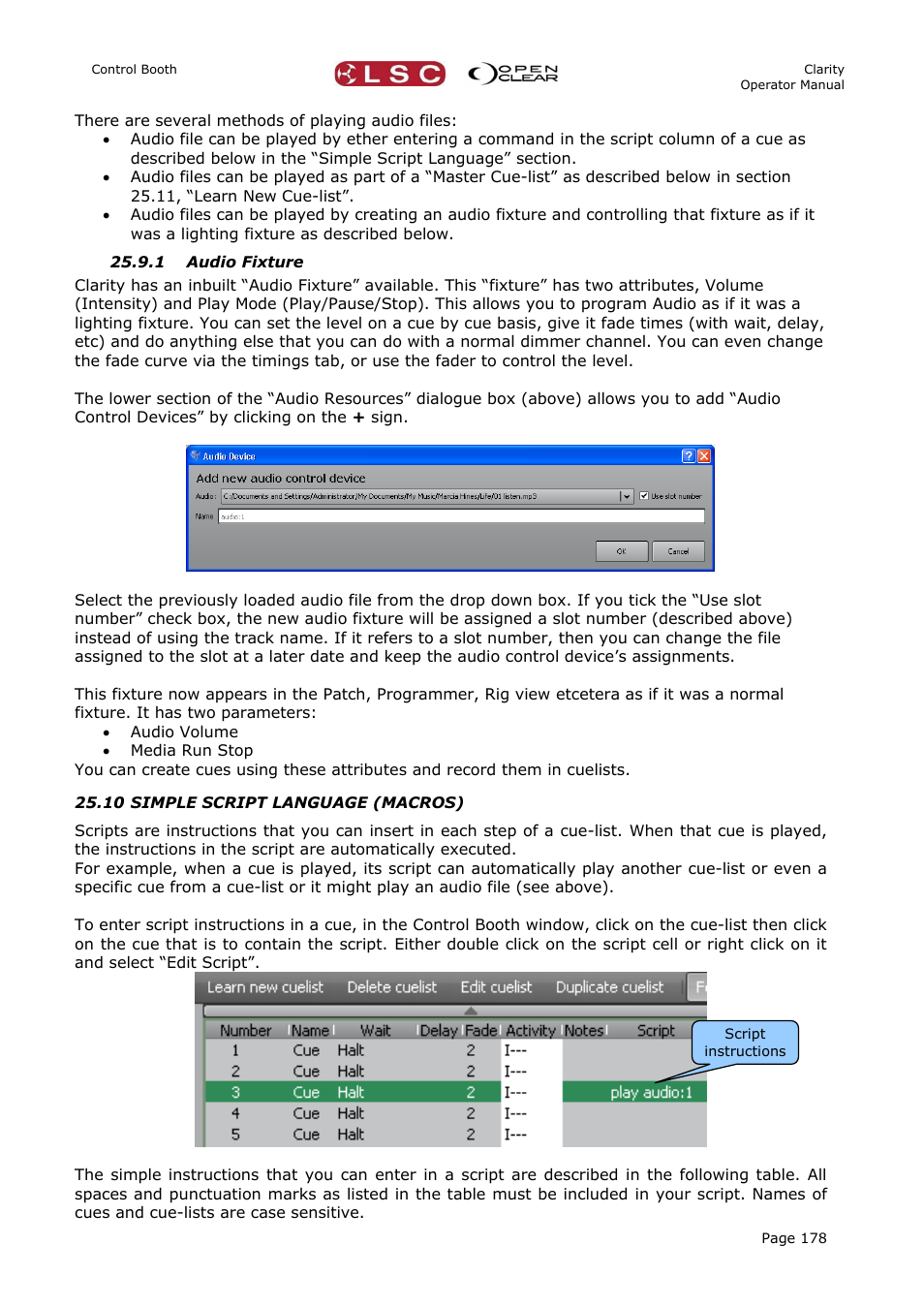 1 audio fixture, 10 simple script language (macros) | LSC Lighting CLARITY LX Series v.1 User Manual | Page 188 / 276