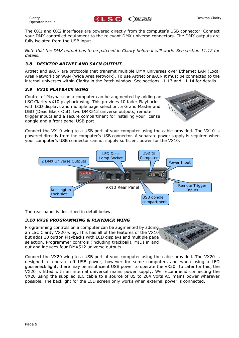 8 desktop artnet and sacn output, 9 vx10 playback wing, 10 vx20 programming & playback wing | LSC Lighting CLARITY LX Series v.1 User Manual | Page 19 / 276