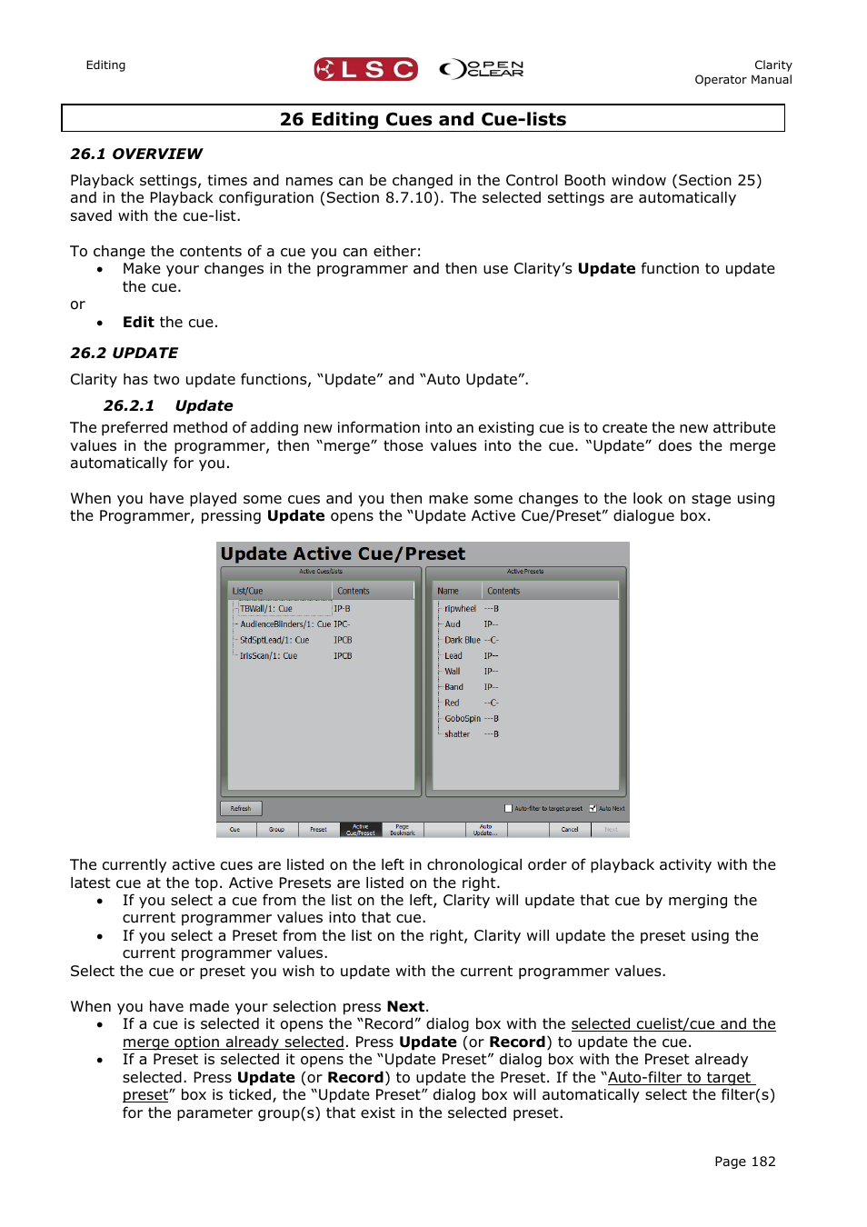 26 editing cues and cue-lists, 1 overview, 2 update | 1 update, On 26 | LSC Lighting CLARITY LX Series v.1 User Manual | Page 192 / 276