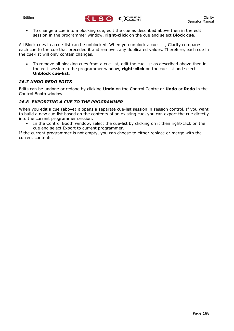 7 undo redo edits, 8 exporting a cue to the programmer | LSC Lighting CLARITY LX Series v.1 User Manual | Page 198 / 276