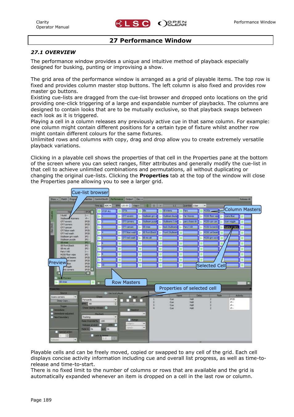 27 performance window, 1 overview | LSC Lighting CLARITY LX Series v.1 User Manual | Page 199 / 276