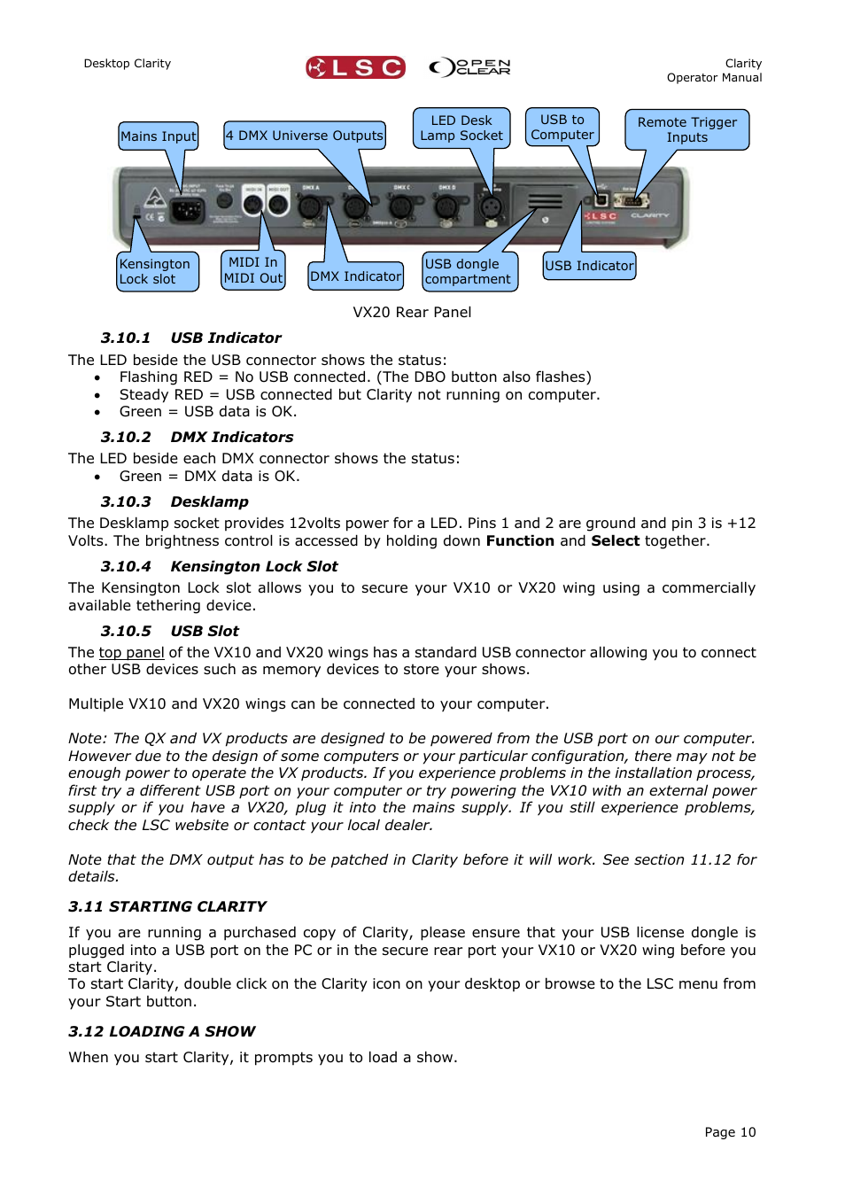 1 usb indicator, 2 dmx indicators, 3 desklamp | 4 kensington lock slot, 5 usb slot, 11 starting clarity, 12 loading a show | LSC Lighting CLARITY LX Series v.1 User Manual | Page 20 / 276