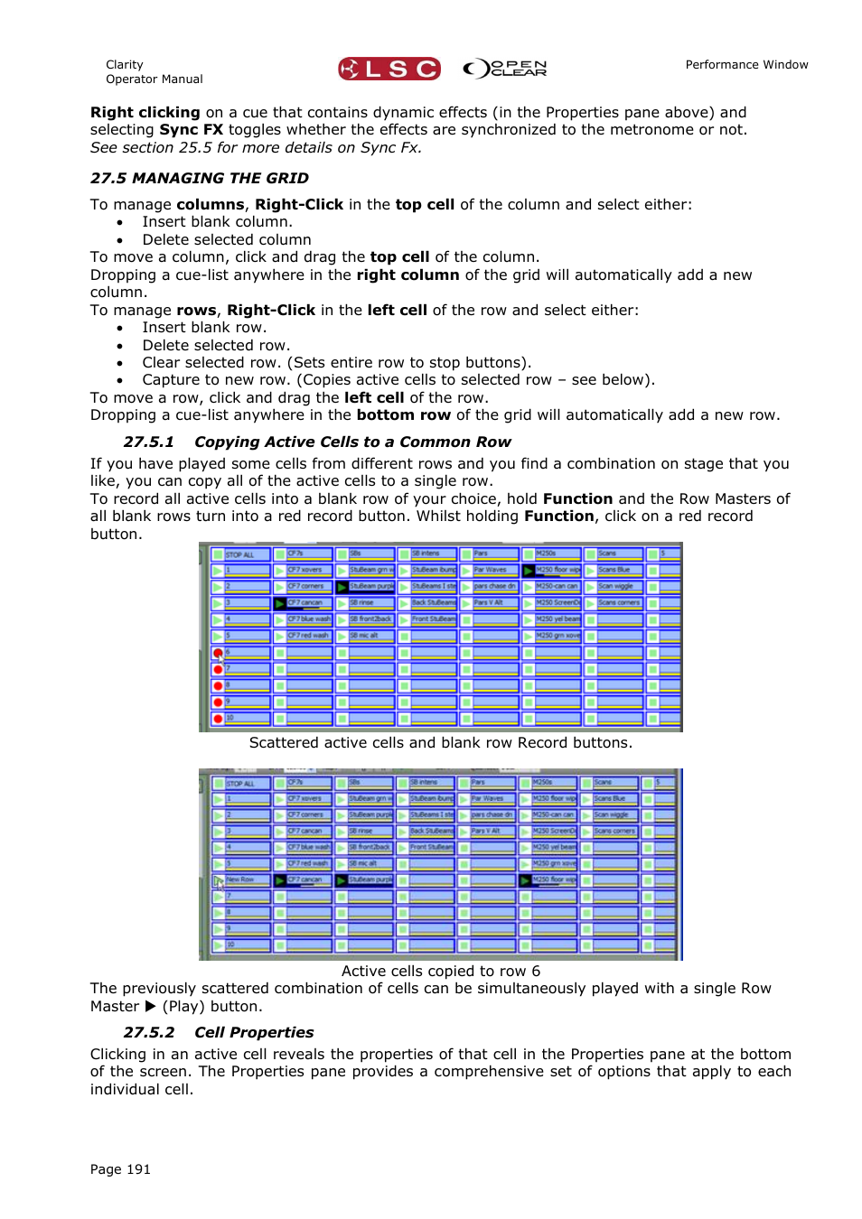 5 managing the grid, 1 copying active cells to a common row, 2 cell properties | LSC Lighting CLARITY LX Series v.1 User Manual | Page 201 / 276