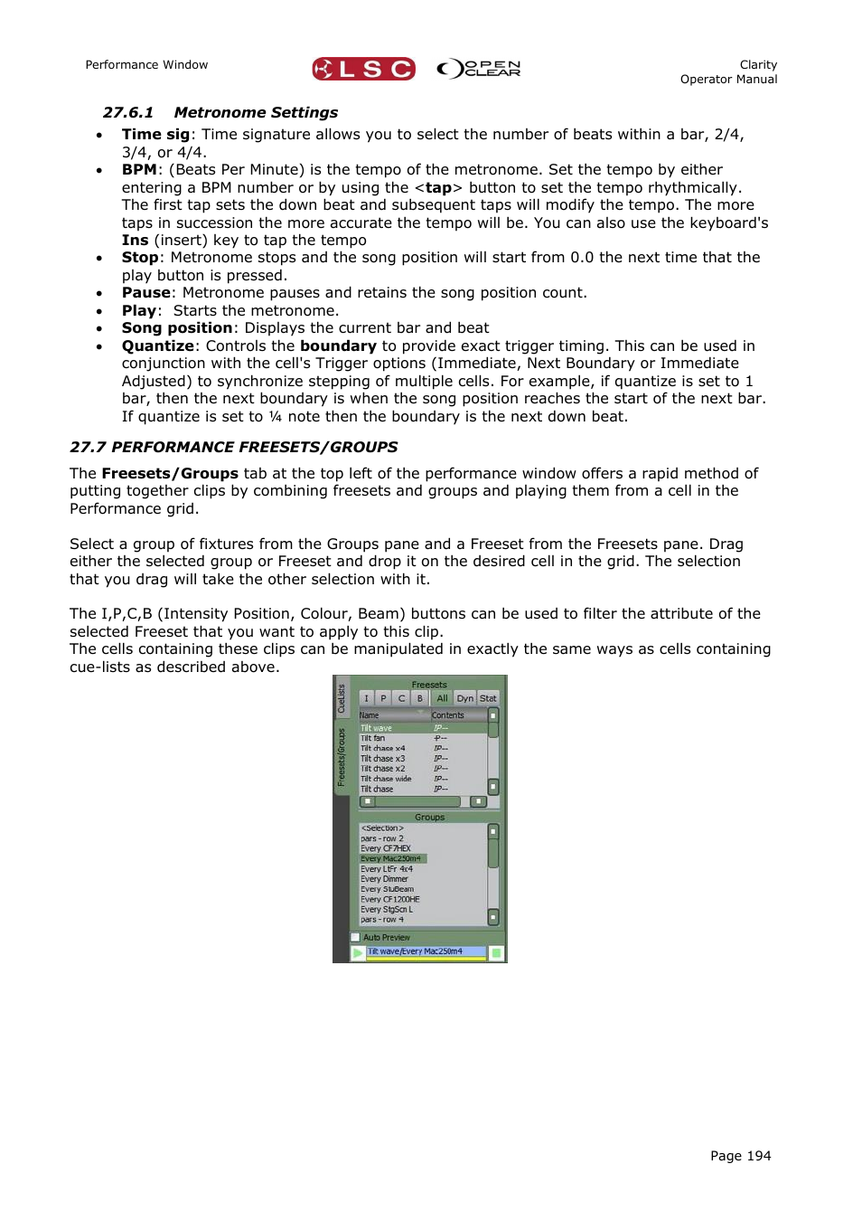 1 metronome settings, 7 performance freesets/groups | LSC Lighting CLARITY LX Series v.1 User Manual | Page 204 / 276