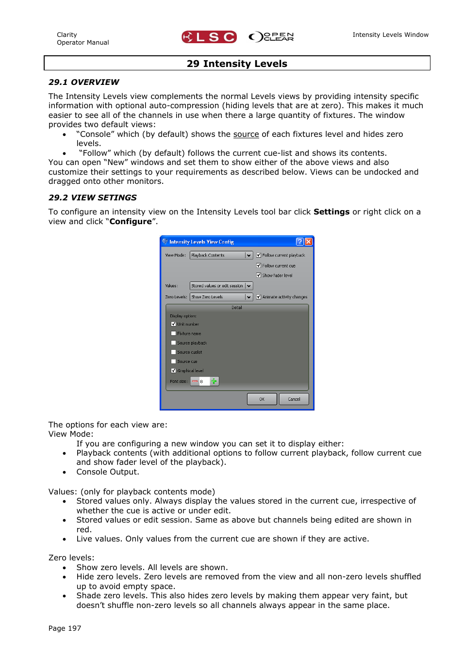 29 intensity levels, 1 overview, 2 view setings | LSC Lighting CLARITY LX Series v.1 User Manual | Page 207 / 276