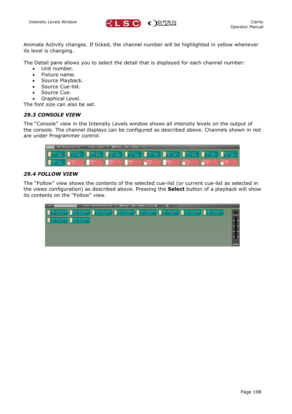 3 console view, 4 follow view | LSC Lighting CLARITY LX Series v.1 User Manual | Page 208 / 276
