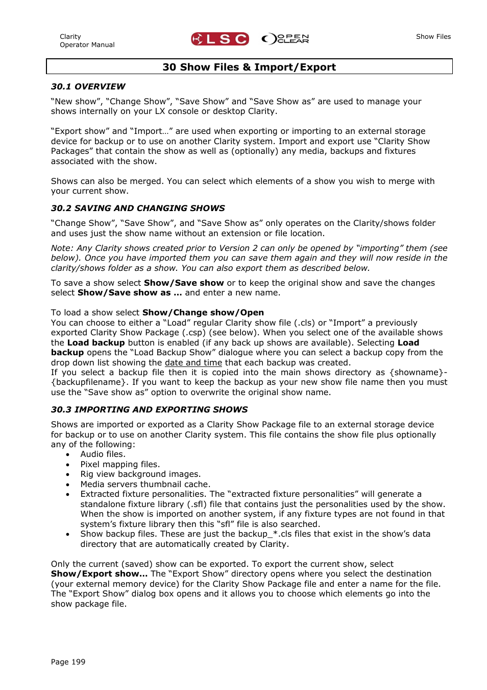 30 show files & import/export, 1 overview, 2 saving and changing shows | 3 importing and exporting shows | LSC Lighting CLARITY LX Series v.1 User Manual | Page 209 / 276