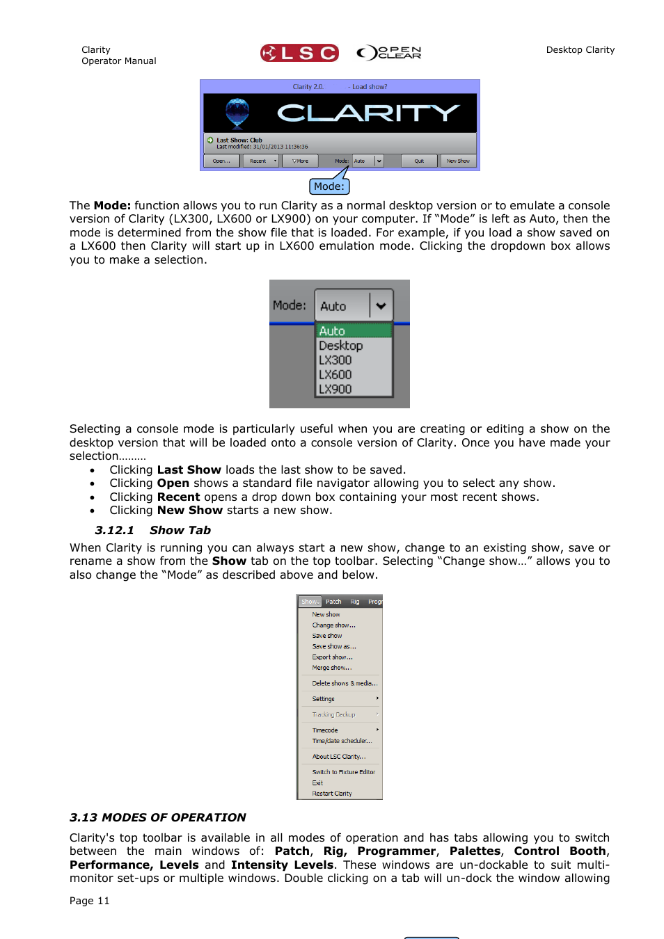 1 show tab, 13 modes of operation | LSC Lighting CLARITY LX Series v.1 User Manual | Page 21 / 276