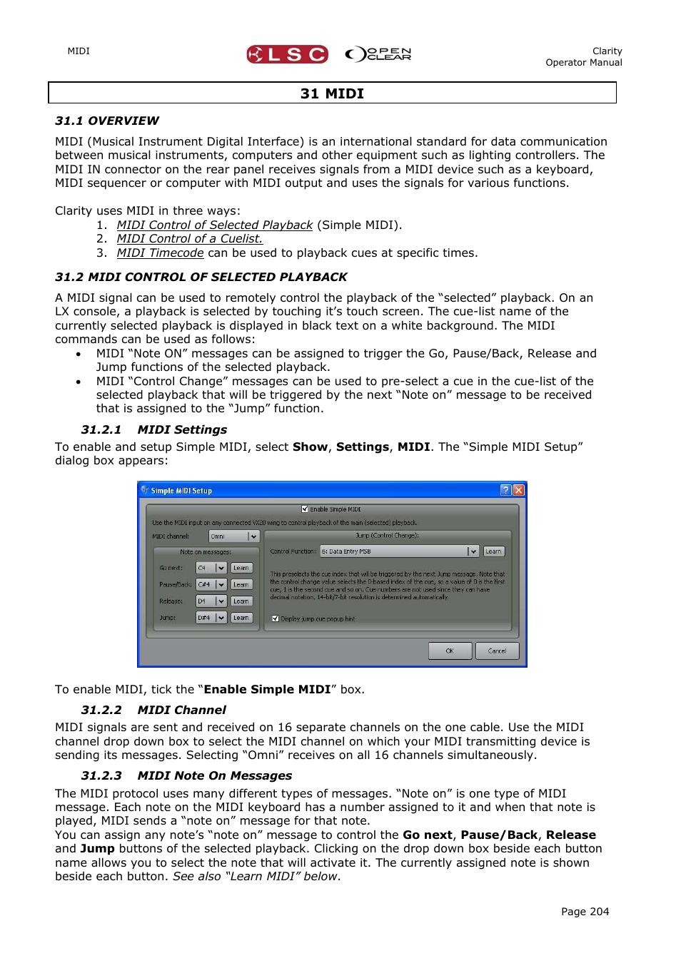 31 midi, 1 overview, 2 midi control of selected playback | 1 midi settings, 2 midi channel, 3 midi note on messages, On 31 | LSC Lighting CLARITY LX Series v.1 User Manual | Page 214 / 276