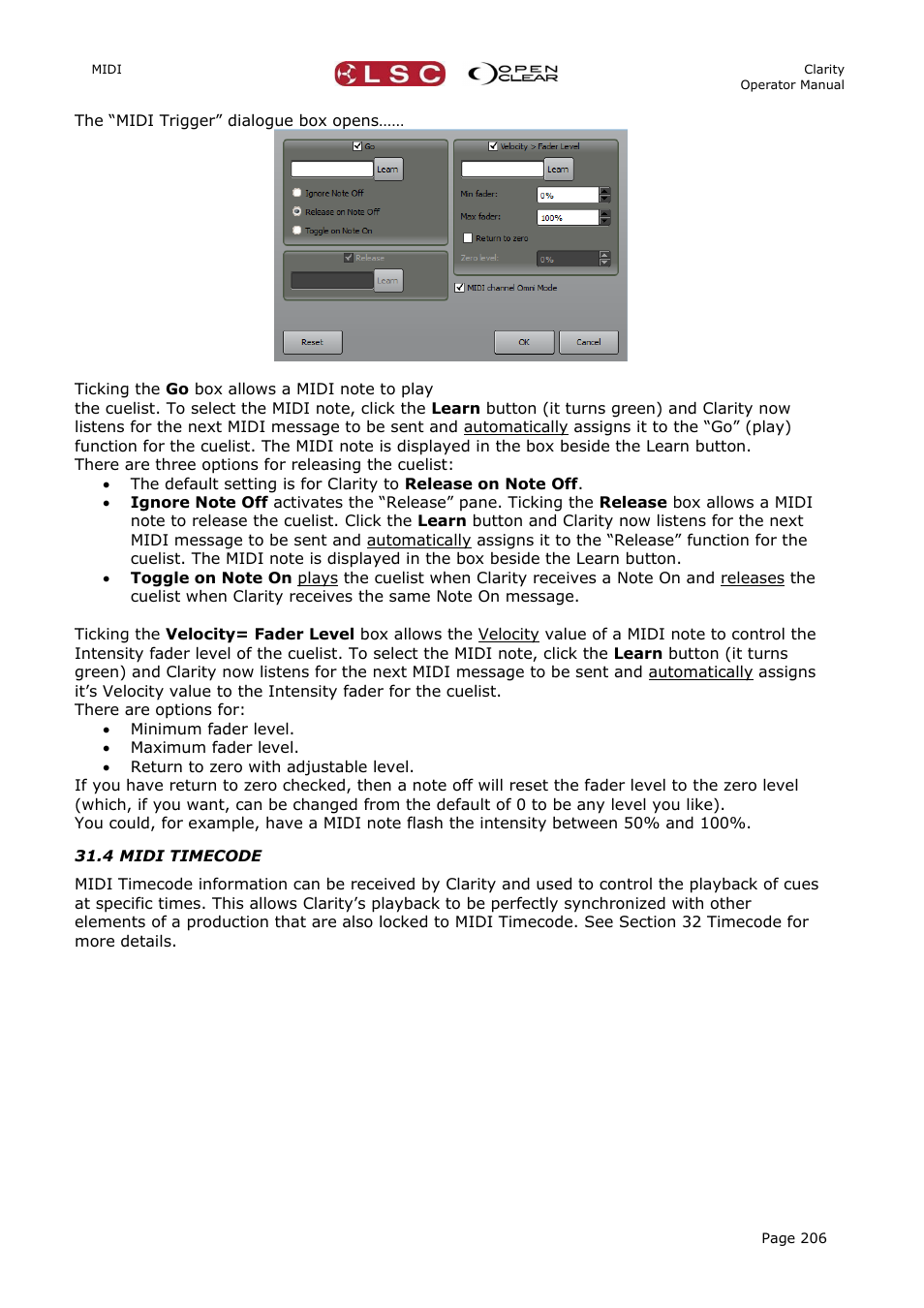 4 midi timecode | LSC Lighting CLARITY LX Series v.1 User Manual | Page 216 / 276